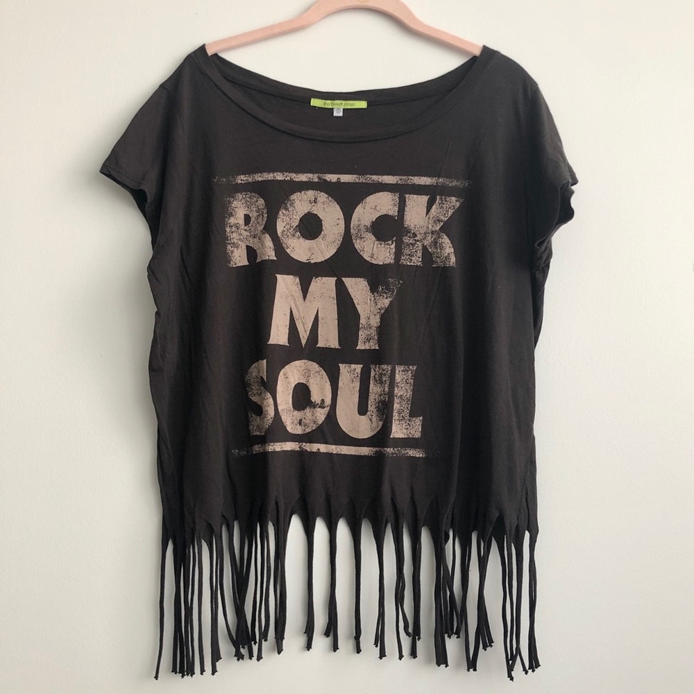 ‘Rock My Soul’ Black Fringe T-Shirt, Size S